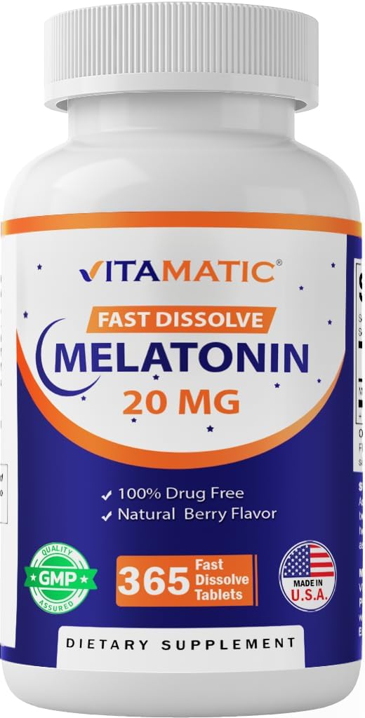 Vitamatic Melatonin 20 mg compresse | Vegetariano, Non OGM, Gluten Free | 1 anno di alimentazione | Natural Berry Flavor - 365 Tavole