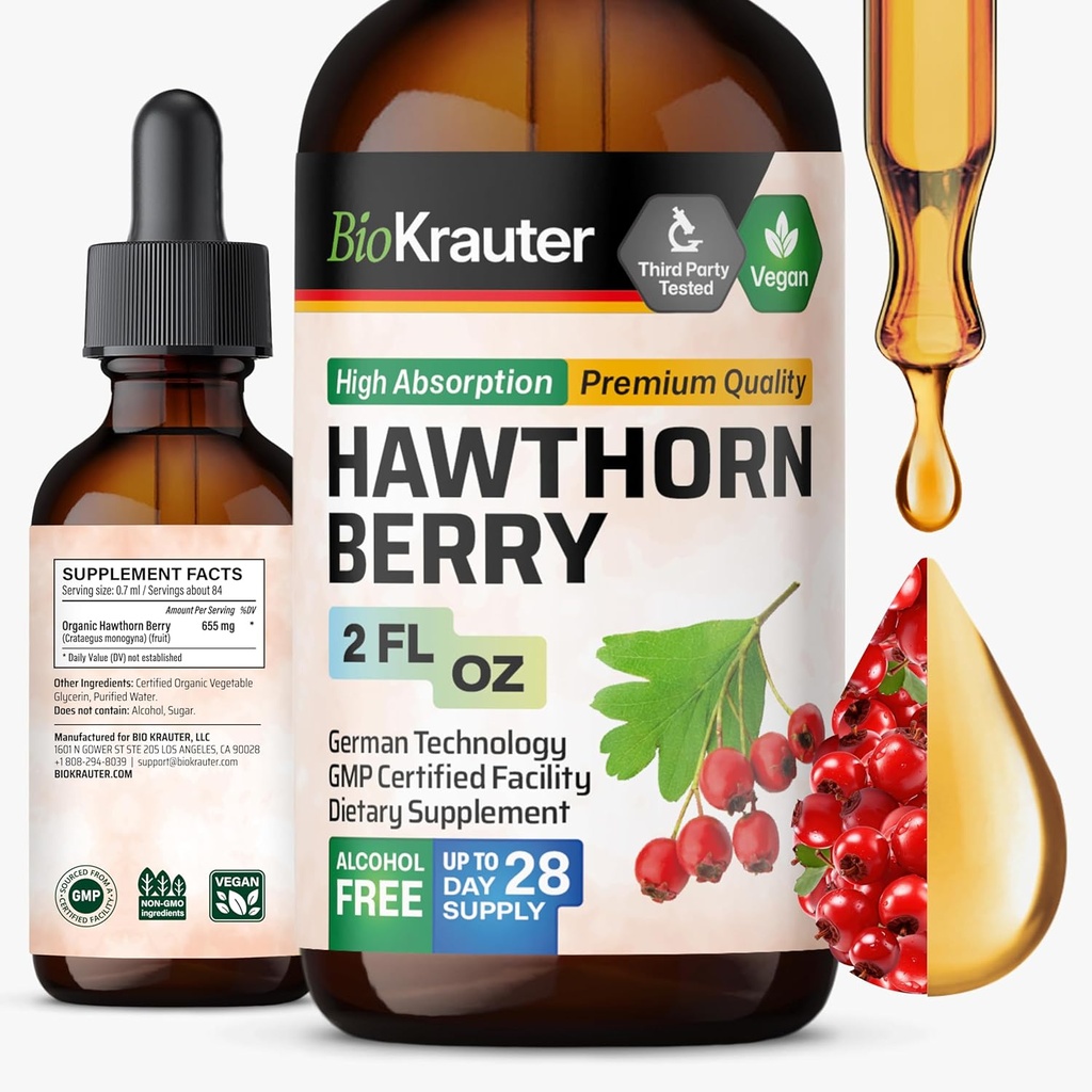 BIO KRAUTER® Hawthorne Berry Supplemento - Pure Vegan Hawthorn Berry Liquid Drops 655 mg per Serving 2 Fl.Oz 28 giorni di fornitura - Utilizzato per il supporto complessivo & Daily Wellness - Alcohol & Sugar Free