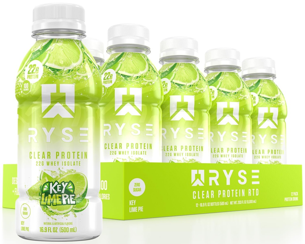 RYSE boisson protéinique claire - Pie de chaux clé - 100 Calories, 22g Whey Isolate Protein Shake, sans sucre, 0g gras et sans lactose - rafraîchissante boisson prête à boire - 16,9 fl oz bouteilles (12-Pack)
