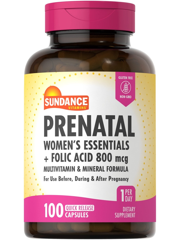 Sundance Prenatal Multivitamin | mit Folsäure | 100 Quick Release Kapseln | 800 mcg | Non-GMO, Glutenfreie Ergänzung für Frauen