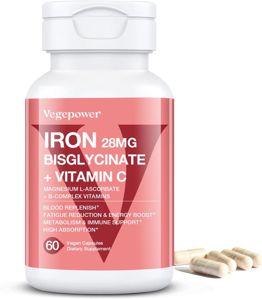 Suppléments de fer pour les femmes, Bisglycinate de fer végétalien 28mg Plus vitamine C, acide folique - pilules de fer pour l'anémie, carence en fer et soutien énergétique - haute absorption, sans gluten, sans OGM - 60 capsules