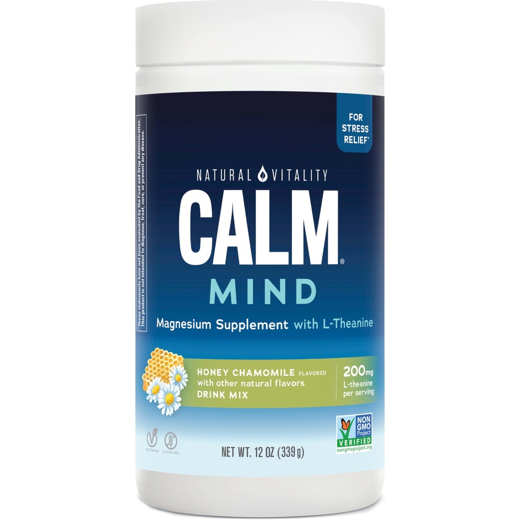 Natürliche Vitalität Calm Mind, Magnesium Citrat + L-Theanin Pulver, unterstützt eine gesunde Reaktion auf Stress, Glutenfrei & Vegetarisch, Honig Kamille, 12 Unzen.