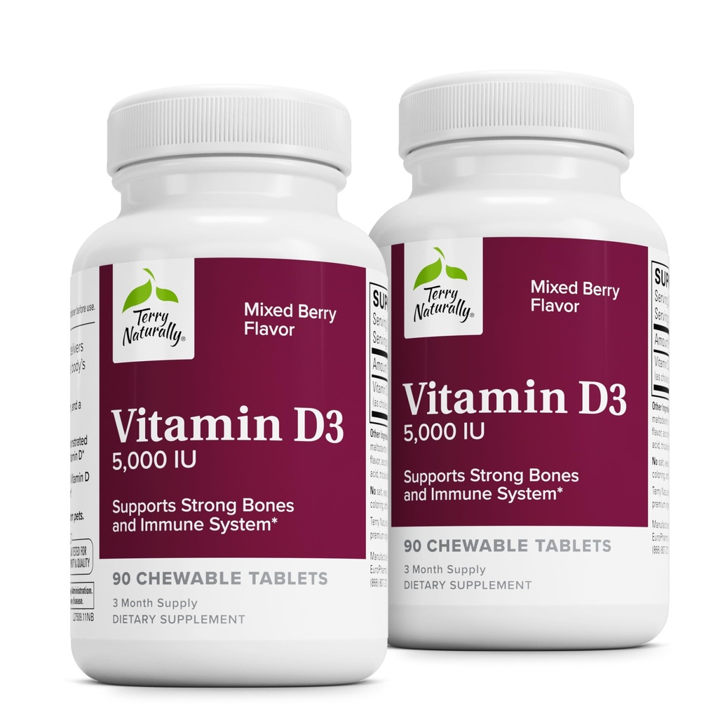 Terry Natürlich Vitamin D3 - Knochen Gesundheit & Knochen Stärke Unterstützung Ergänzung - Immunsystem & Gehirn Unterstützung - 5.000 IU Vitamin D Tabletten mit gemischten Berry Flavor - 90 Kautabletten (Pack von 2)