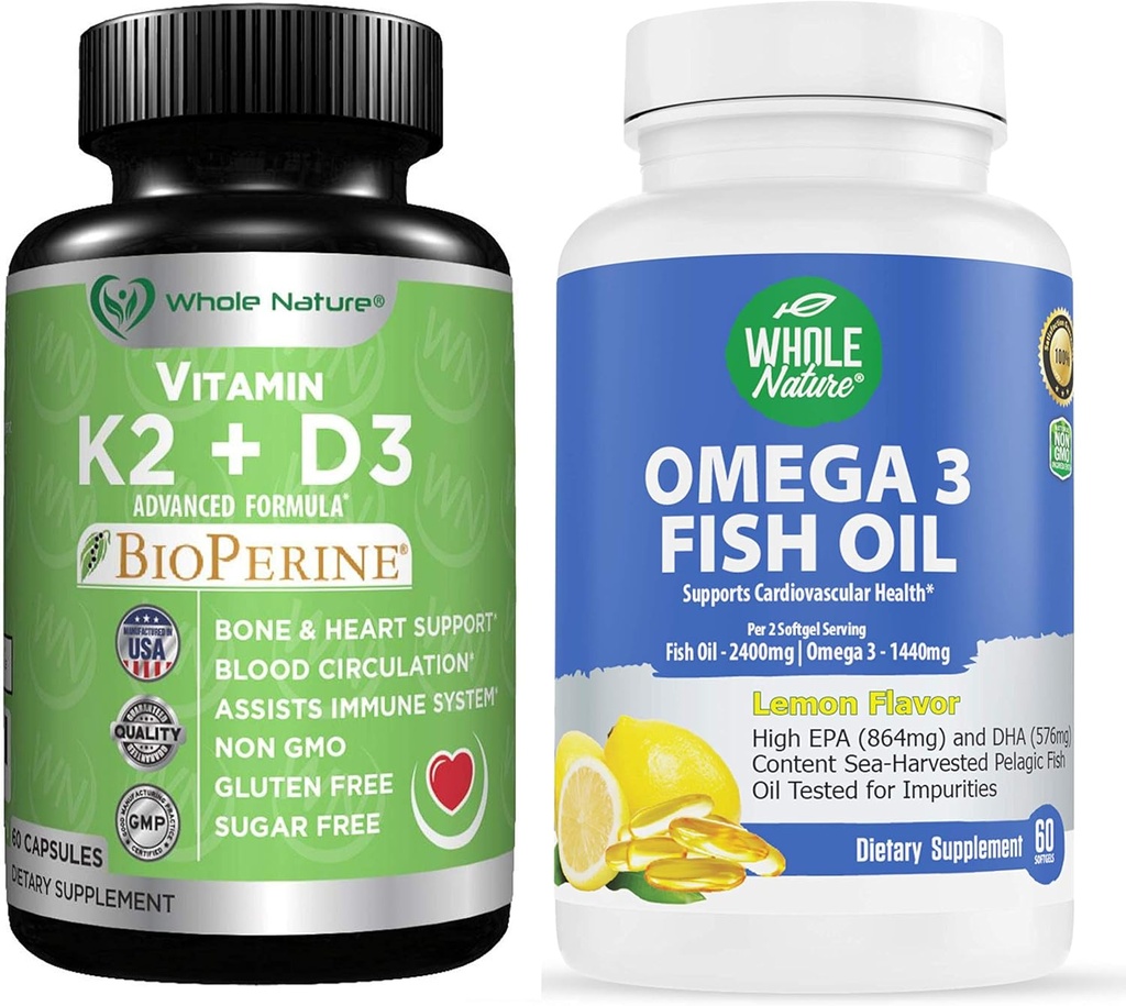K2+D3 avec Bioperine Plus Calcium Omega 3 Huile de poisson sont les plus efficaces ensemble pour soutenir la santé cardiaque et osseuse, les articulations et le cerveau