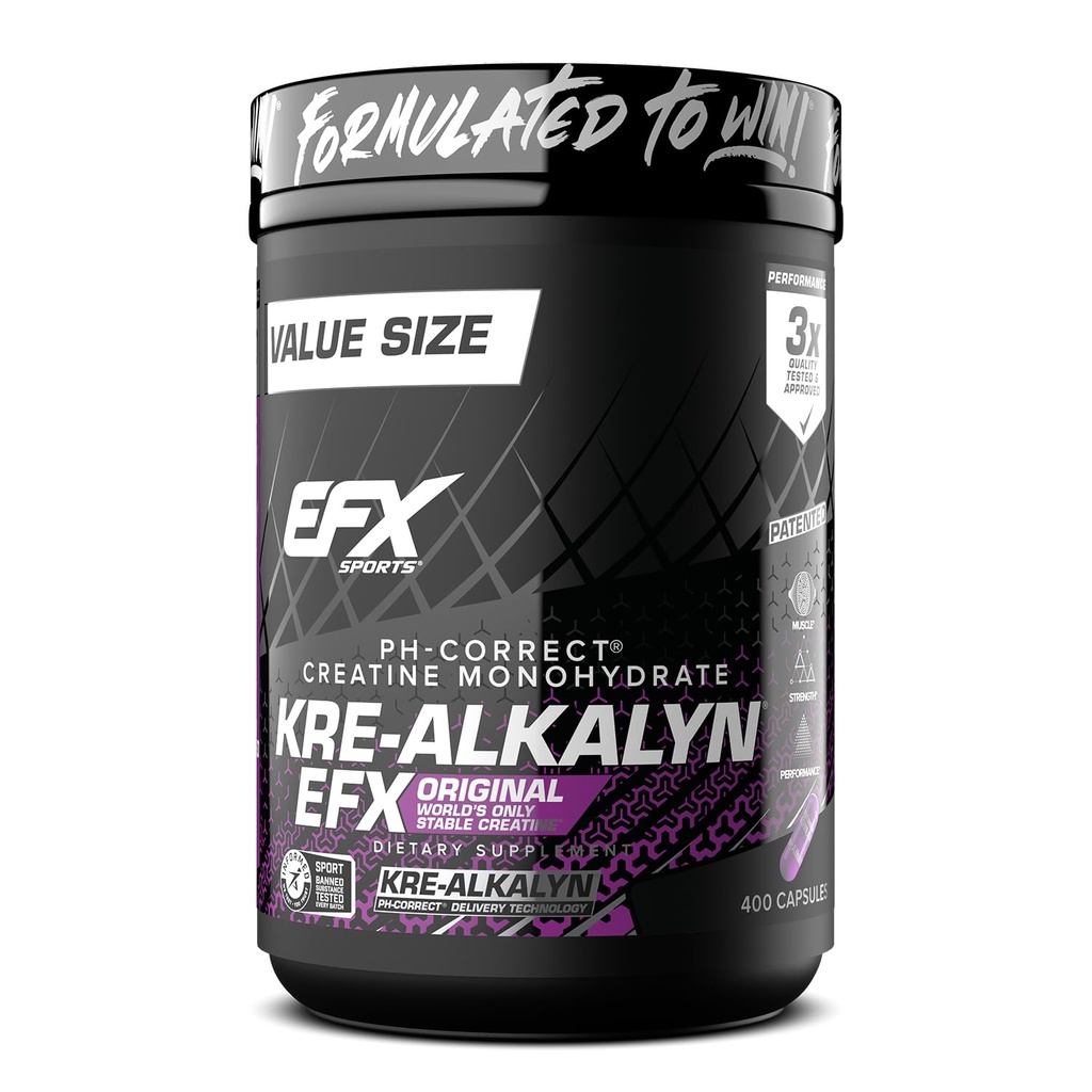 EFX Sports Kre-Alkalyn EFX | pH corretto Creatina Monoidrato pillola supplemento | Forza, crescita del muscolo e prestazioni | 200 Servings, 400 Capsule