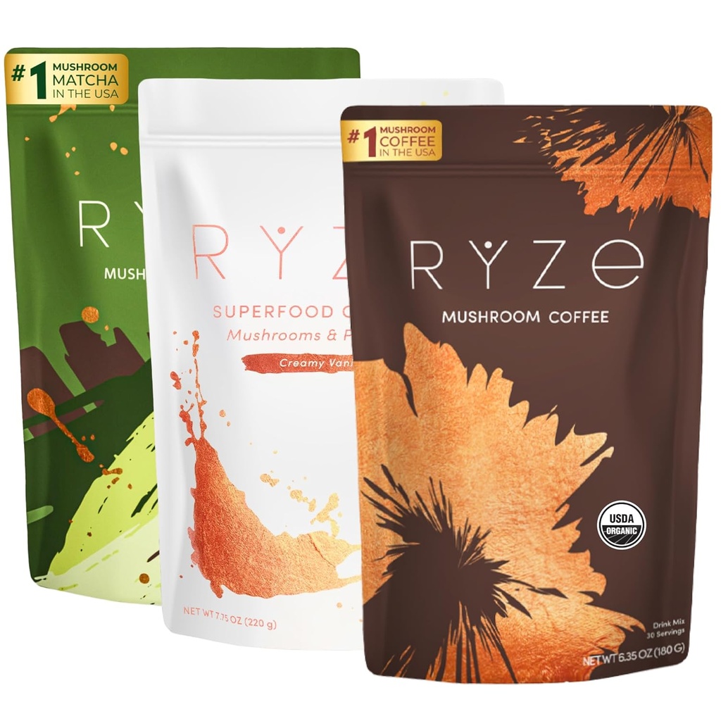 RYZE SUPERFOODS Ultimate Energy Bundle, USDA Organic Mushroom Coffee & Mushroom Matcha + Probiotic Creamer con 6 Funghi adaptogenic per una migliore energia, messa a fuoco, digestione, immunità, 30 servire ogni
