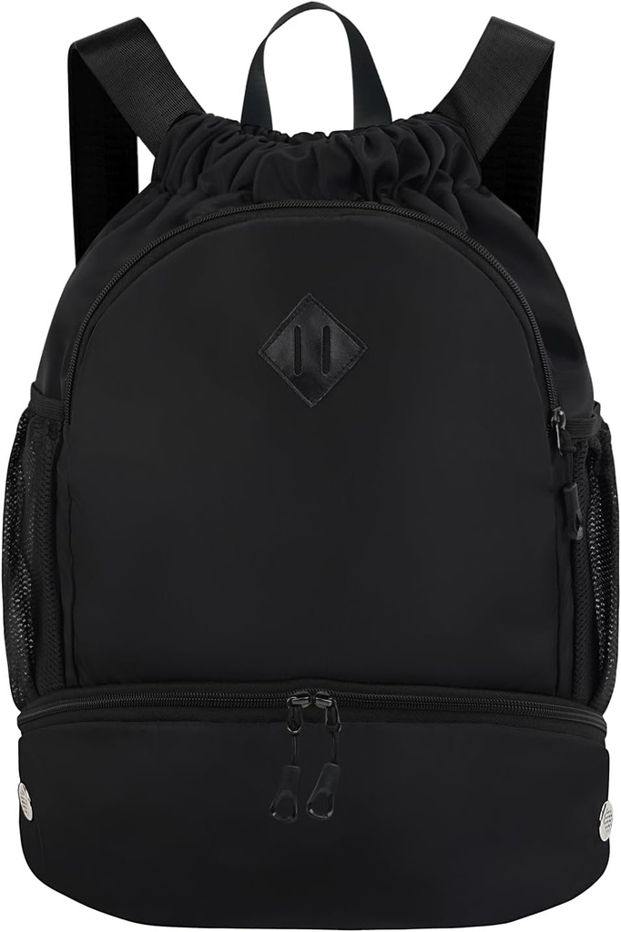 Drawstring Rucksack Gym Rucksack mit Schuh-Komponente für Männer Frauen String Sporttasche mit Nass Pocket Cinch Swim Beach Bag, Schwarz (Patent Pending)