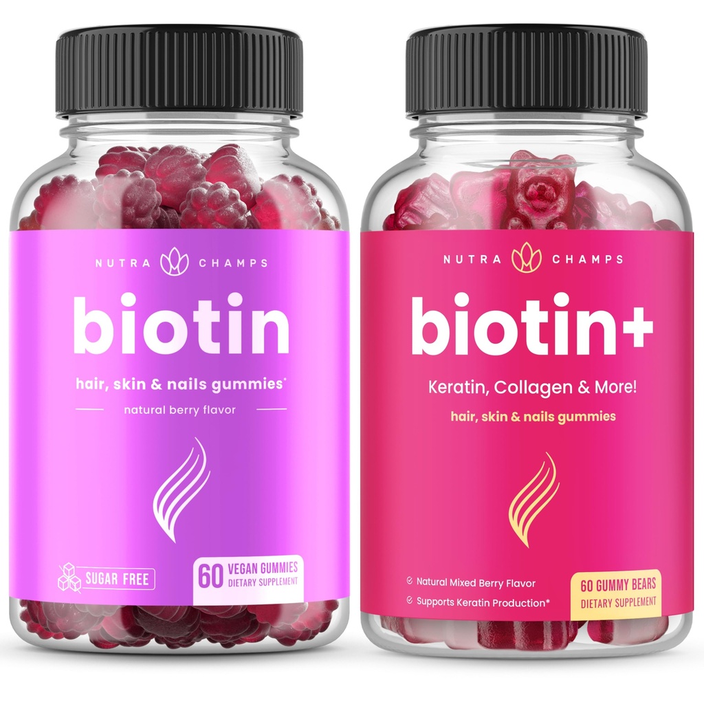 NutraChamps Ensemble complet de biotine pour cheveux, peau et ongles. Biotine & Biotine+