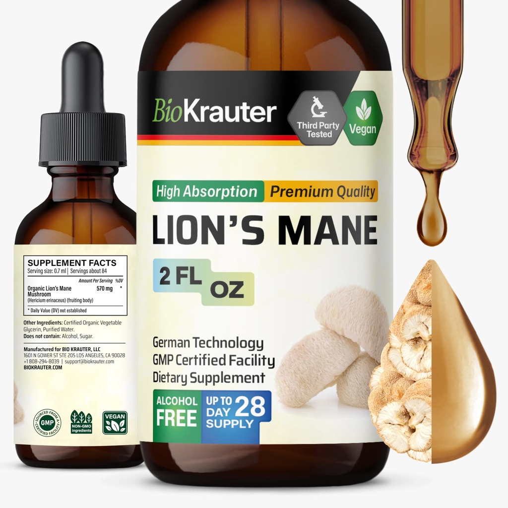 BIO KRAUTER Lions Mane Liquid Extract - Supplément de champignons pour le soutien du cerveau - Vegan Lions Mane Supplément - Alcool et gouttes sans sucre - 2 Fl.Oz.