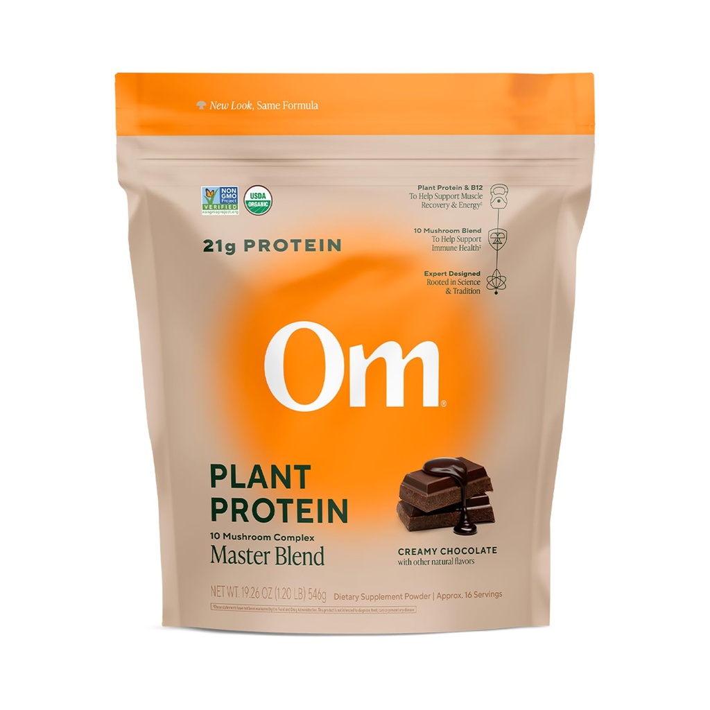 OM MUSHROOM SUPERFOOD Master Blend Vegan Protein – Bio Schokolade Pflanzenprotein mit 10 Pilzen, Ashwagandha, BCAAs & B12 – Energie, Erholung & Immununterstützung – 1.2 lb (16 Servierungen)