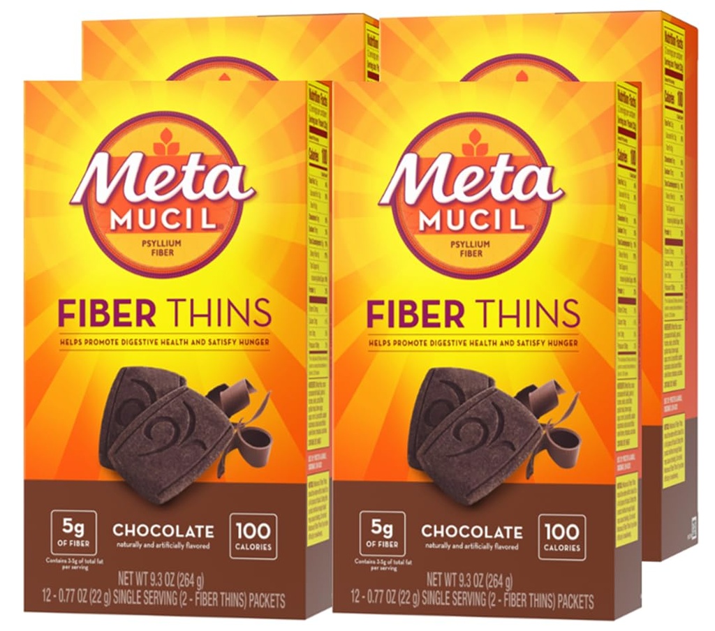 Métamucil, Thins de fibre, supplément quotidien de fibre de mousse de Psyllium, soutient la santé digestive et satisfies faim, saveur de chocolat, 48 portions totales (4 paquets de 12)