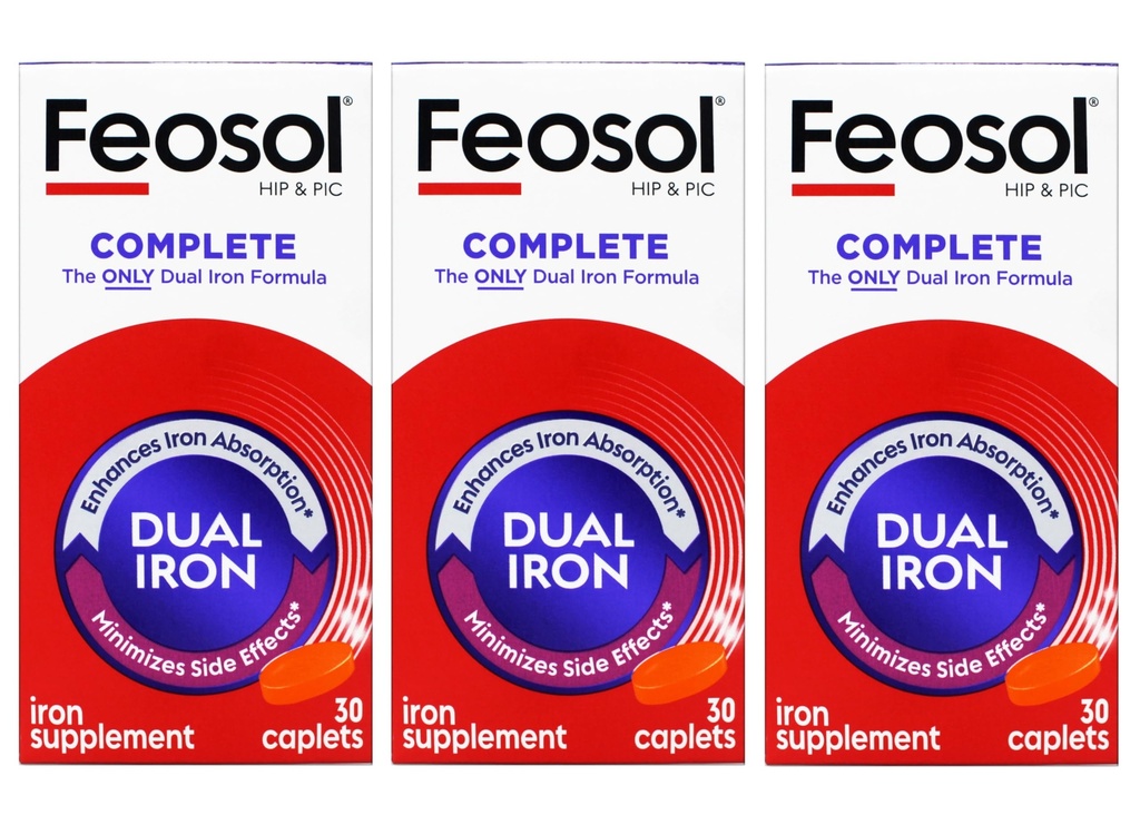 Feosol Bifera HIP & PIC Iron Supplément, complet - 30 Caplets, paquet de 3