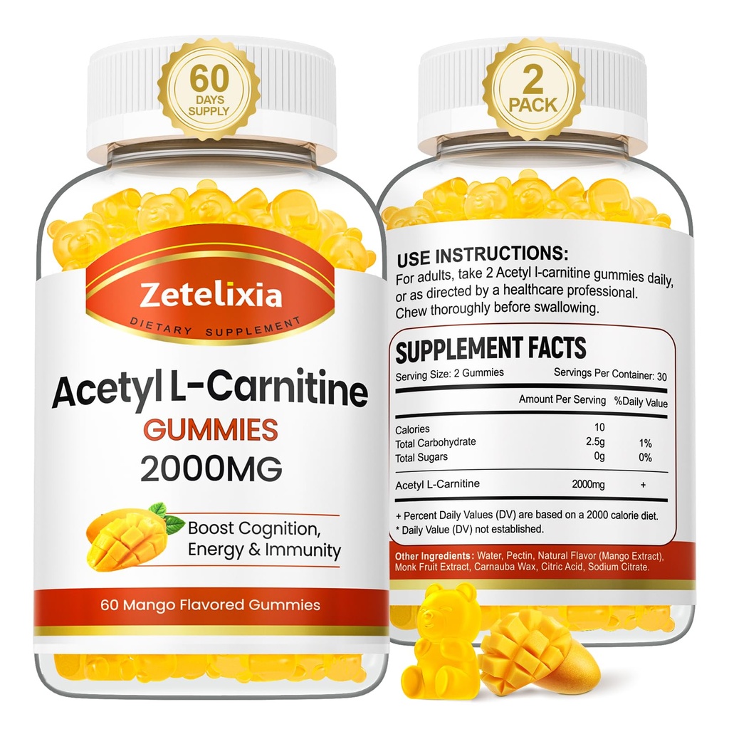 2 Confezione Acetil L-Carnitina Gummies, L-Carnitina Supplemento per le donne e gli uomini, Nutrizione Supplemento per Boost Energy, Immunity & Brain Health, Vegan, Non-GMO, Mango Flavor, 120 Conte