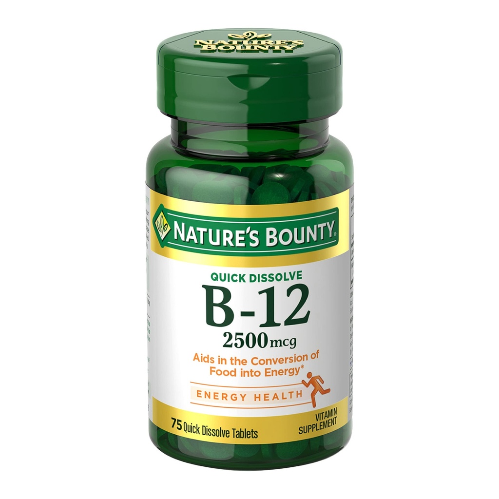 Nature’s Bounty Vitamin B12 2500 mcg, Cellular Energy Support, for Energy Metabolism, Heart & Nervous System Health, 75 Quick Dissolve Tablets