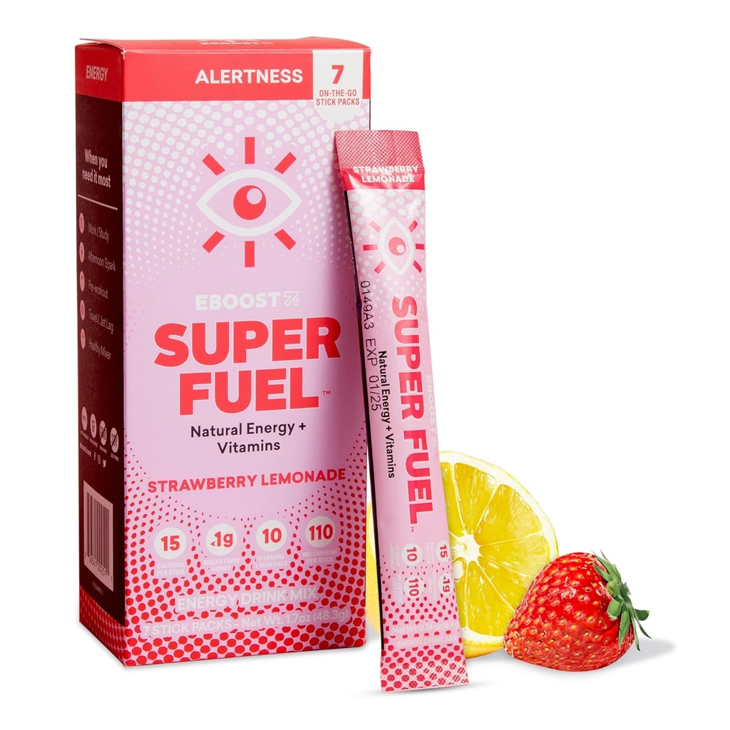 EBOOST Energy Drink Powder, Super Fuel - Strawberry Lemonade, 7 Packets - Pre-Workout Powder Energy Drink Mix - Natural Energy, L-Tyrosine, L-Theanine & Vitamins - Preworkout for Women & Men to Go