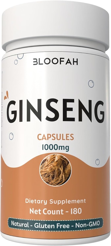 Ginseng Kapseln 1000mg Pulver | Panax Ginseng Kräuterergänzung | Natürlich, Non-GMO, Gluten-Free für tägliche Wellness (180 Zähler (Pack von 1))