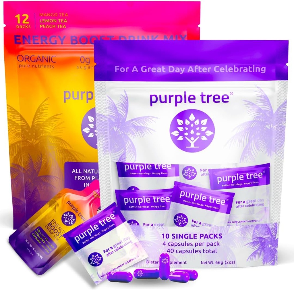 lila baum Celebration Erholung + Next Day Energy Stick Packets | 10 to-Go Party Bag Kits | Bessere Morgen, natürliche Boost, schnelle Hydration, Happy Liver | Bachelorette, Hochzeiten, Reise Essentials