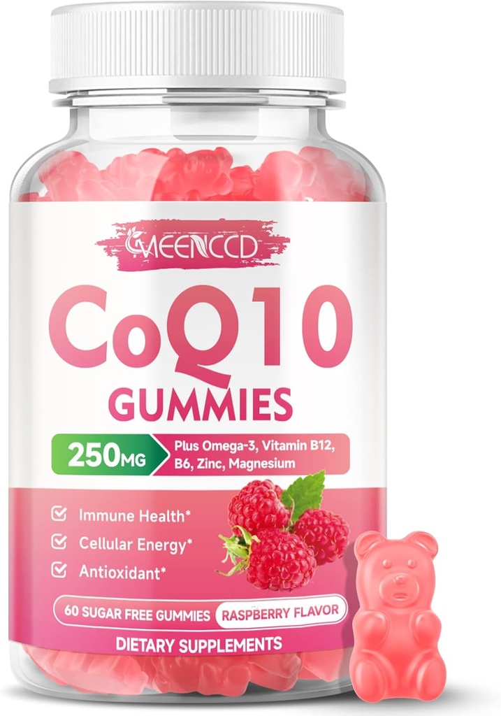 Zuckerfreie CoQ10 Gummie 250mg, Coenzym Q10 Ergänzungen Plus Omega-3, Vitamin B6 & Zink, hohe Absorption CoQ10 Ergänzung für Cellular Energy & Antioxidans Unterstützung, Himbeer Geschmack, Vegan 60Cts