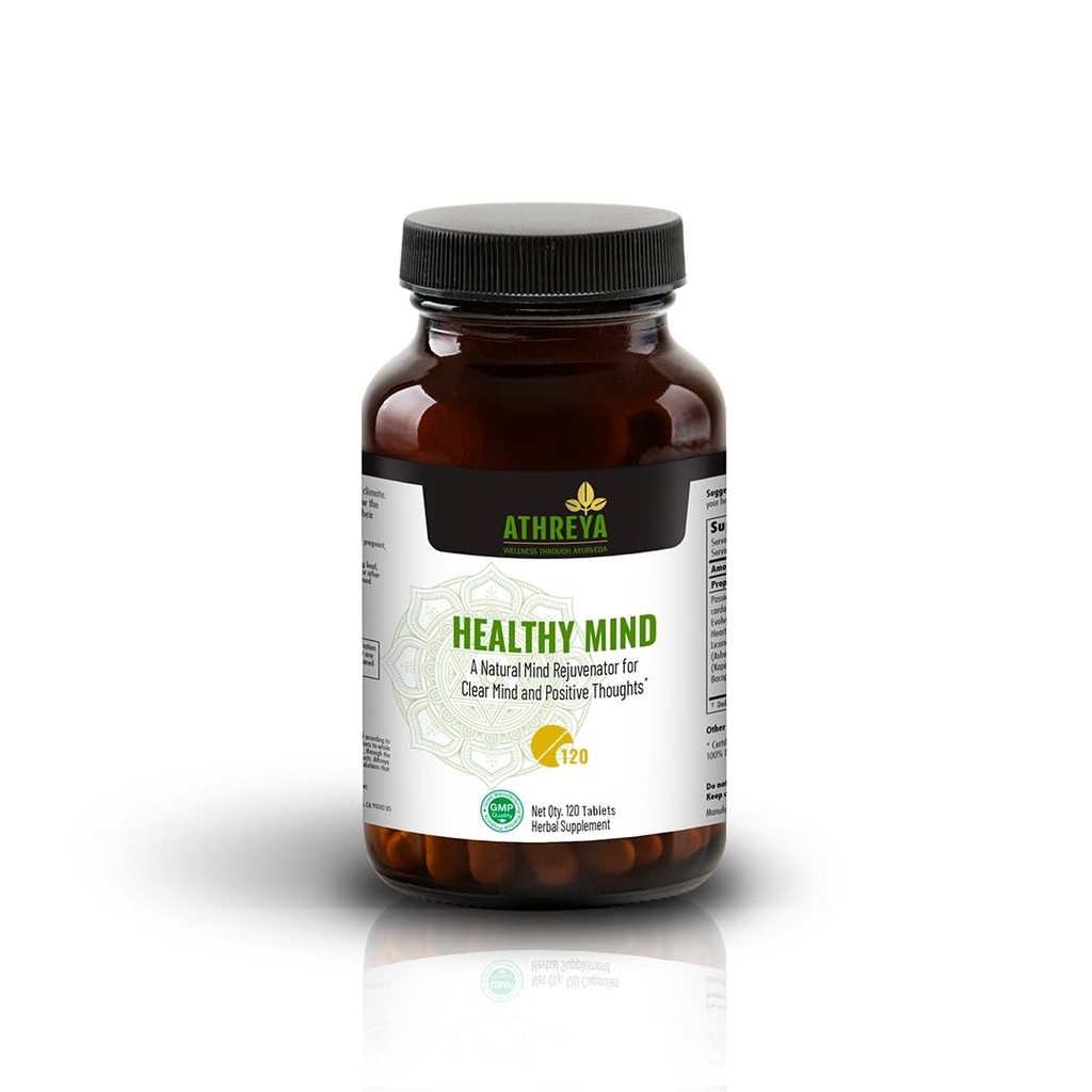 Athreya Herbs Tablets mente sana | 120 compresse | Integratore di salute del cervello per la mente chiara e pensieri positivi | Memoria, messa a fuoco, energia mentale e concentrazione | Vegan, non OGM | Alimentazione di 30 giorni