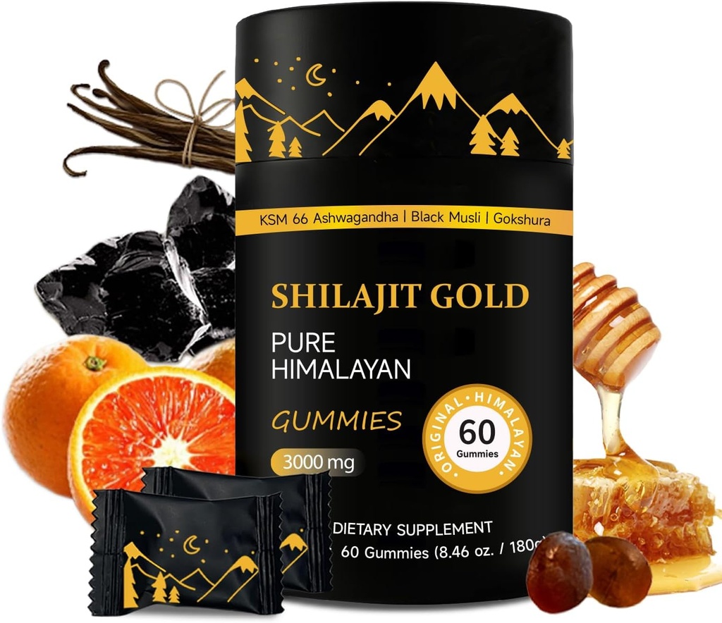 Shilajit Gummies | Pure Himalayan Shilajit Gummies Gold | Ashwagandha, Gokshura | Fulvic Acid & 85+ Trace Minerals für Männer, Frauen | Non-GMO | Lab Tested | No Added Sugar I 60 Gummy