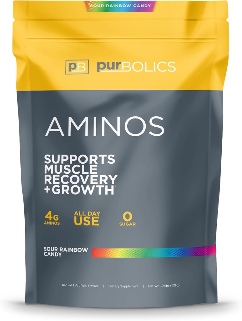 Purbolics Aminos 4g d'acides aminés de forme libre, bêta-alanine, 0 sucre et 60 portions (Sour Rainbow Candy)