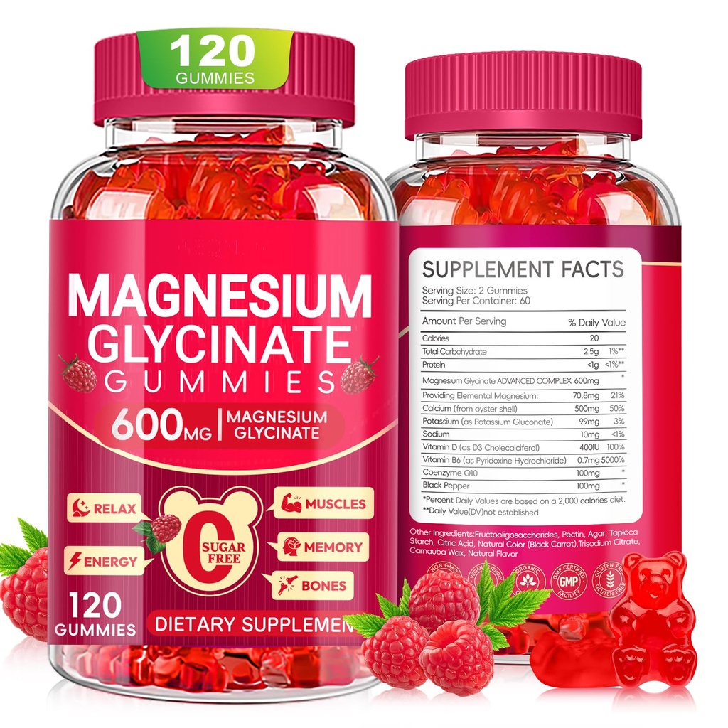 Glycinat de magnésium 600mg, Gommies de magnésium sans sucre pour adultes, Suppléments potassiques à croquer pour le soutien corporel, Zzz et relaxation, 120 Compte
