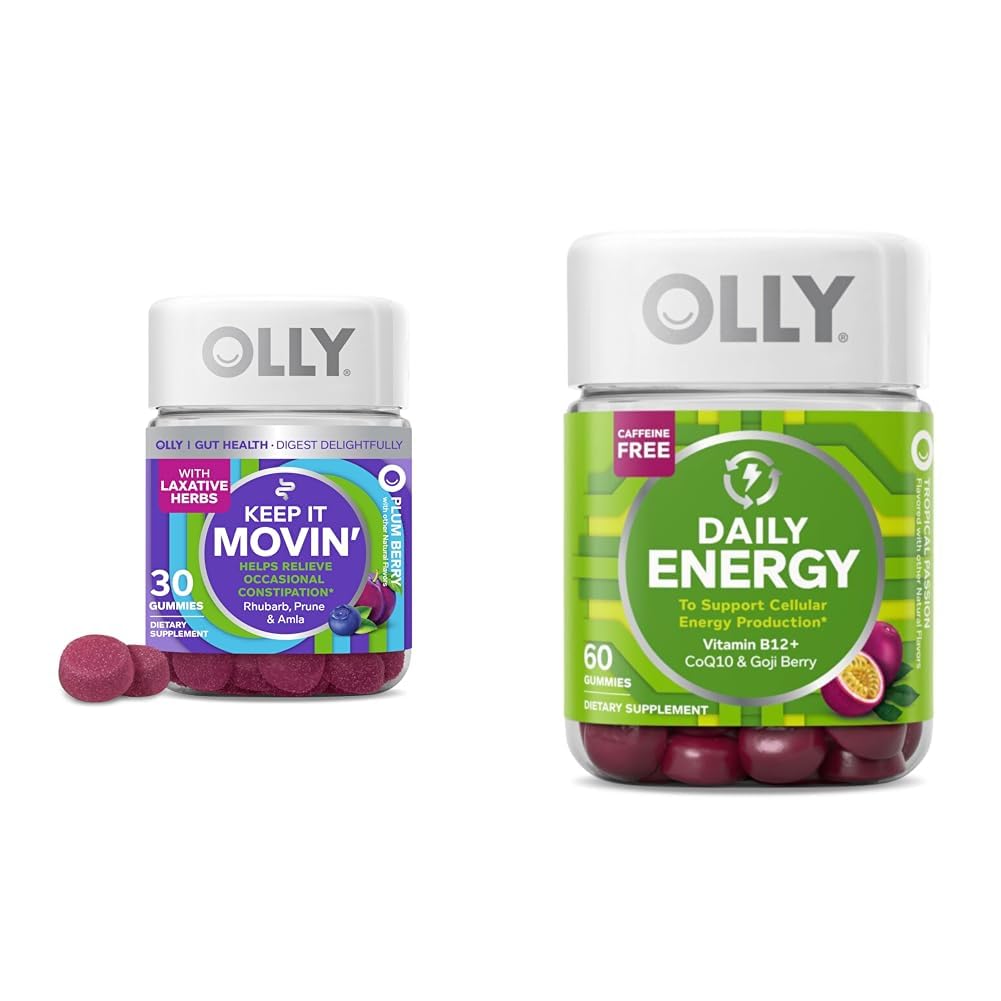 Relief de constipation OLLY 30ct, Énergie Gummy 60ct - Rubarb Prunes Amla Berry, B12 CoQ10 Goji Tropical