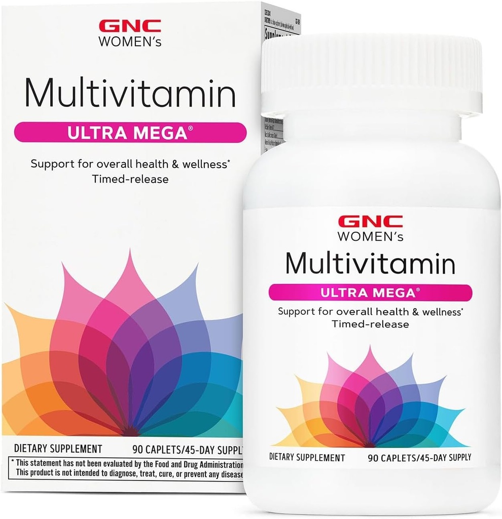 GNC Women’s Ultra Mega Multivitamin Caplets, Klinisch bewährt, um besser zu fühlen, Immununterstützung, Vitamin A, B, C, D, Eisen, Biotin, Schönheit, Glutenfrei, Timed Release, 90 ct, 45 svgs