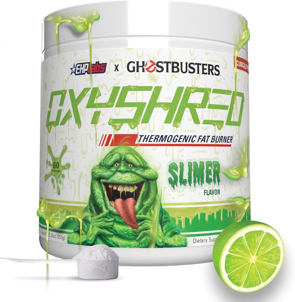 EHP LABS Ghostbusters OxyShred Thermogenic Pre Workout Powder & Shredding Supplement - Klinisch bewährtes Preworkout Pulver mit Acetyl L Carnitin, Energy Boost Drink - Slimer Lime, 60 Servierungen