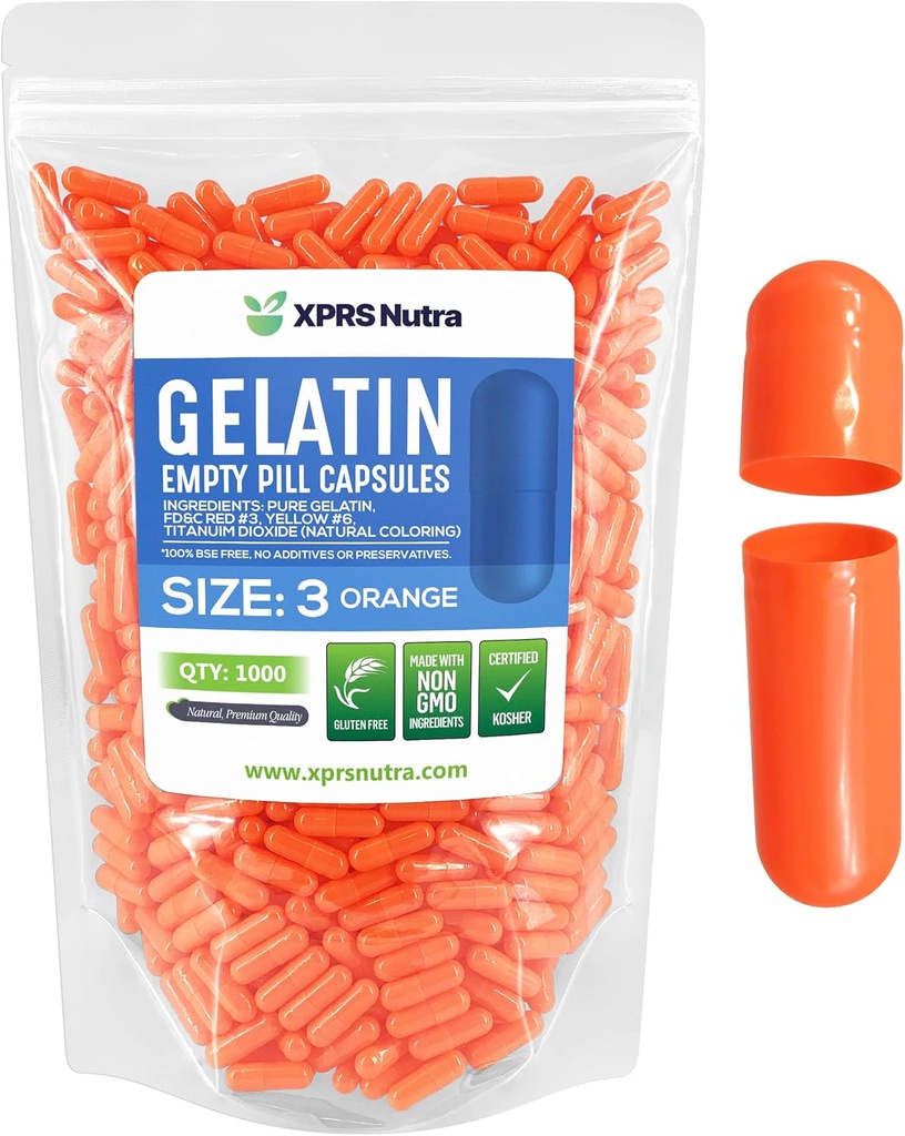 XPRS Nutra Size 3 Capsule Vuoti - 1000 Conta Capsule Gelatina Vuote - Pillole Riempimento Capsule fai da te - Pure Bovine Pill Gel Caps Fillable for Do-It-Yourself Vitamins and Supplements (Orange)