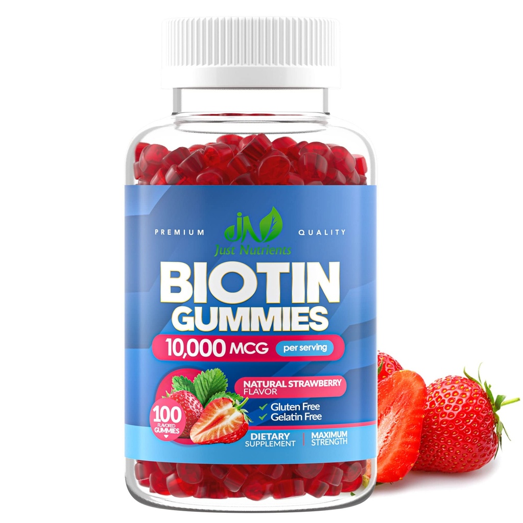 Biotin 10.000mcg Gummi für Damen und Herren (100 Zähler) - 2x Maximale Stärke Biotin für Haarwachstum, Haut und Nägel - Glutenfrei, Vegan, Non-GMO, Great Tasting Strawberry Flavor - 100 Gummis