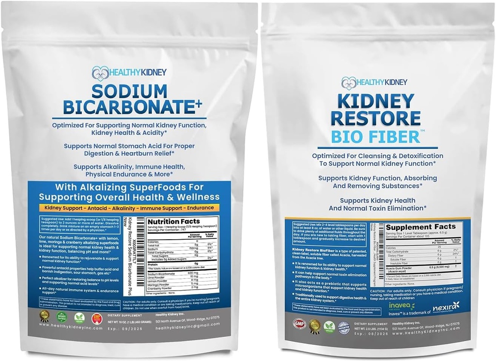Organische Natriumbicarbonat Alkaline Supplement 2LB & Bio Fiber Kidney Cleanse Detox 2.5 LBS Bundle – Unterstützt Nierengesundheit, Stomach Säure Neutralisator, Alkaline Superfoods, Immununterstützung Detox & Waste