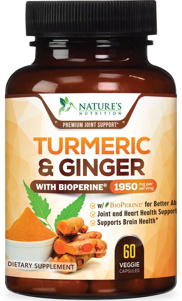 Kurkuminus-Ergänzung 1950mg - 95% Curcuminoide mit Organic Turmeric & Ginger, BioPerine Black Pepper für beste Absorption, Nature's Vegan Joint Support, Non-GMO, Bottled in USA - 60 Kapseln