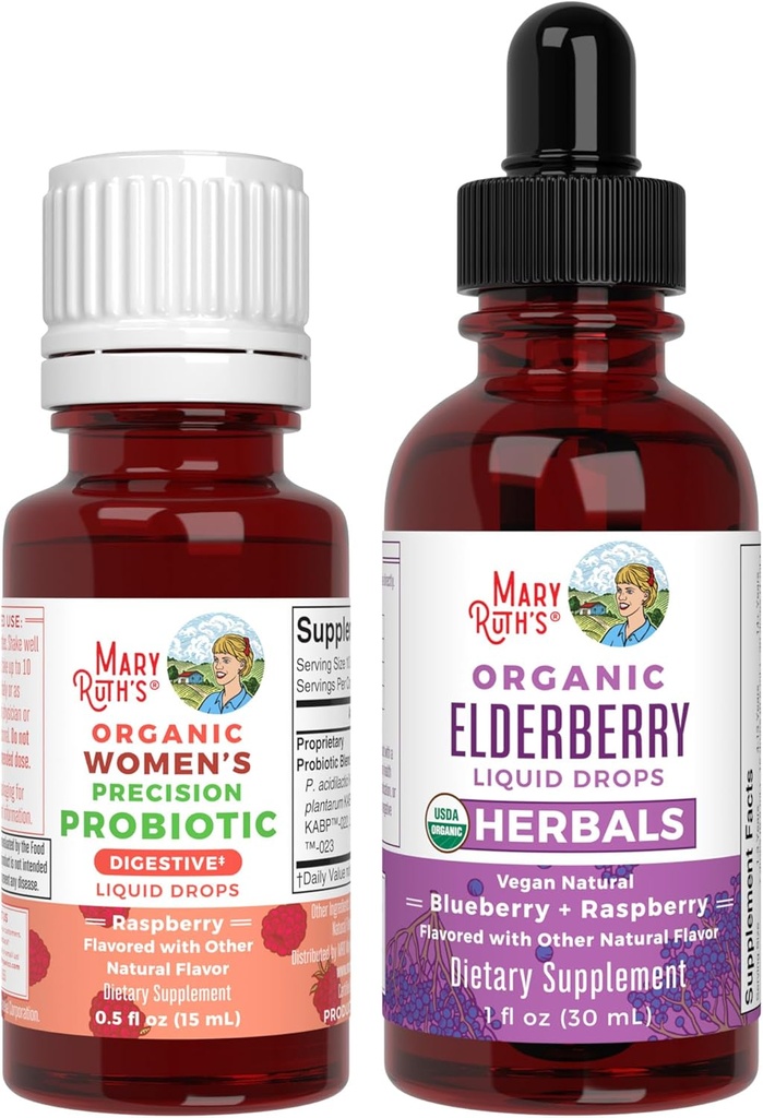 MaryRuth Organics Precision Probiotics for Women (Raspberry) & Elderberry Drops (Blueberry) | USDA Organic | Vitamine per Gut Health, Immunity, &amp; Total Wellness | Vegan, Non-OGM, Gluten Free