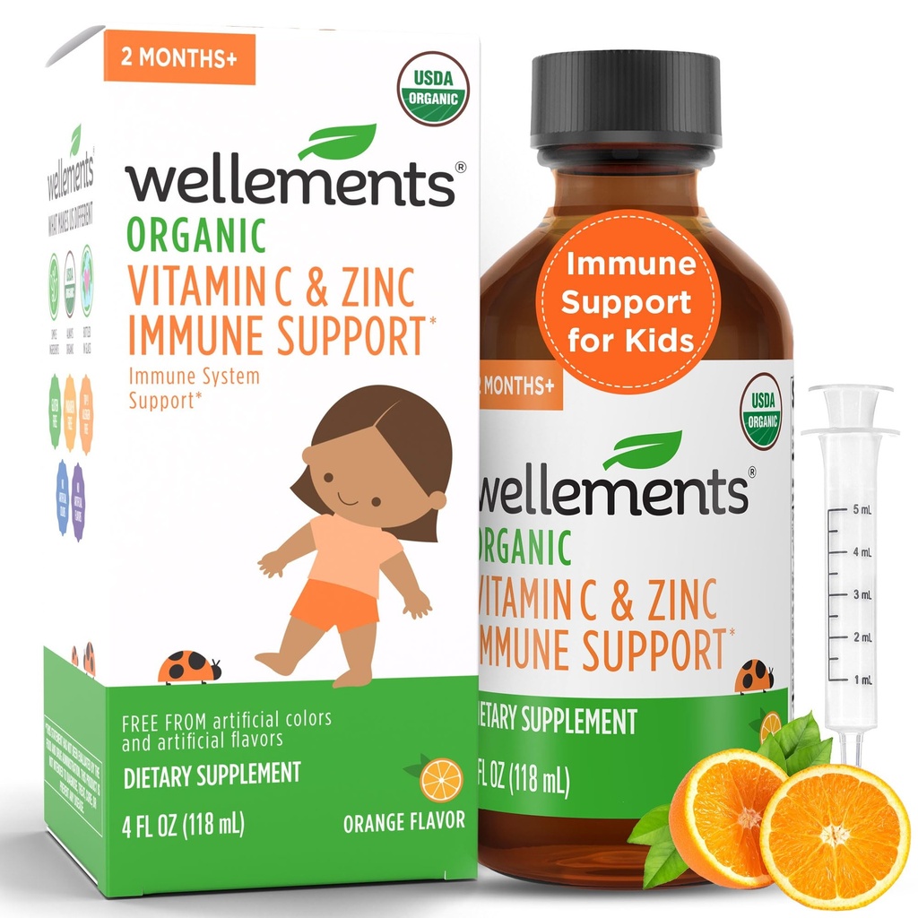 Wellements Organic Vitamin C & Zinc Immune Support* Supplemento per Bambini 2 Mesi+ | USDA Organic, Libero da Dyes, Paragons & Top 9 Allergeni Più comuni, Aroma arancione, (4 Fl Oz)
