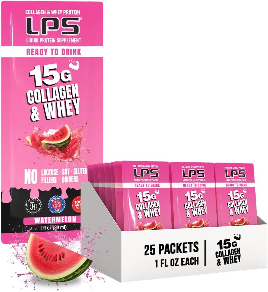 LPS Liquid Collagen & Whey Protein Supplement - Non OGM Drink, Sugar-Free - Promuove la pelle sana e capelli per gli uomini e le donne, anguria, singola dose (50 pacchetti)