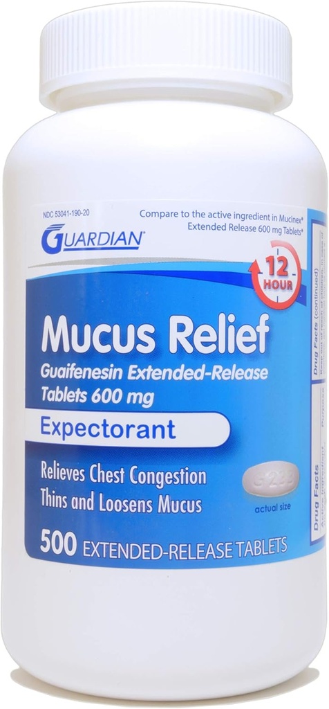 Guardian Mucus Relief, 600mg Guaifenesin 12 heures libération prolongée, la congestion thoracique expectorant (500 comte bouteille)