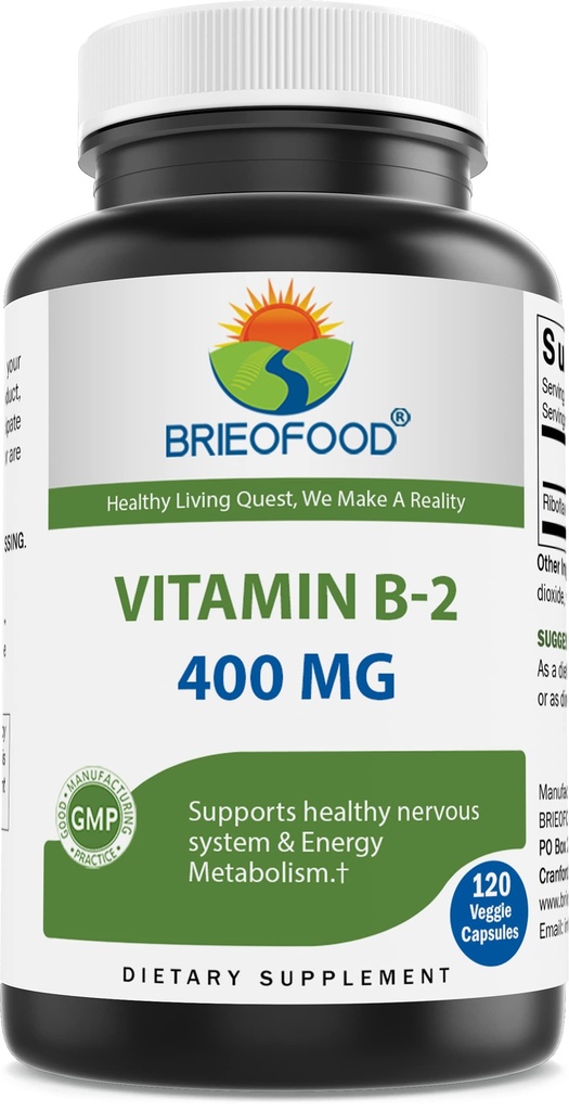 Brieofood Vitamin B2 (Riboflavin) 400mg, 120 Veggie Kapseln - Glutenfrei, Non-GMO