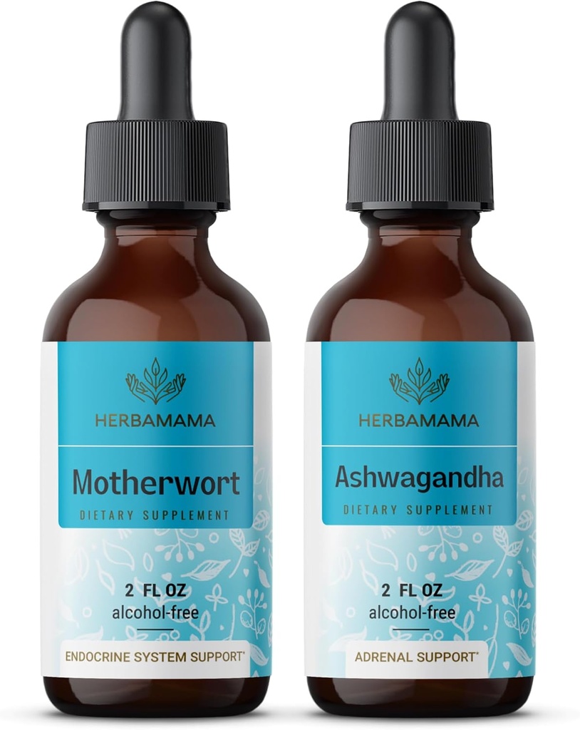 HERBAMAMA Kit de gouttes liquides à base de plantes - Ensemble d'extrait de nacre et de teinture d'Ashwagandha 2 fl oz - végétalien, non-OGM, sans sucre et sans alcool - 2 pack