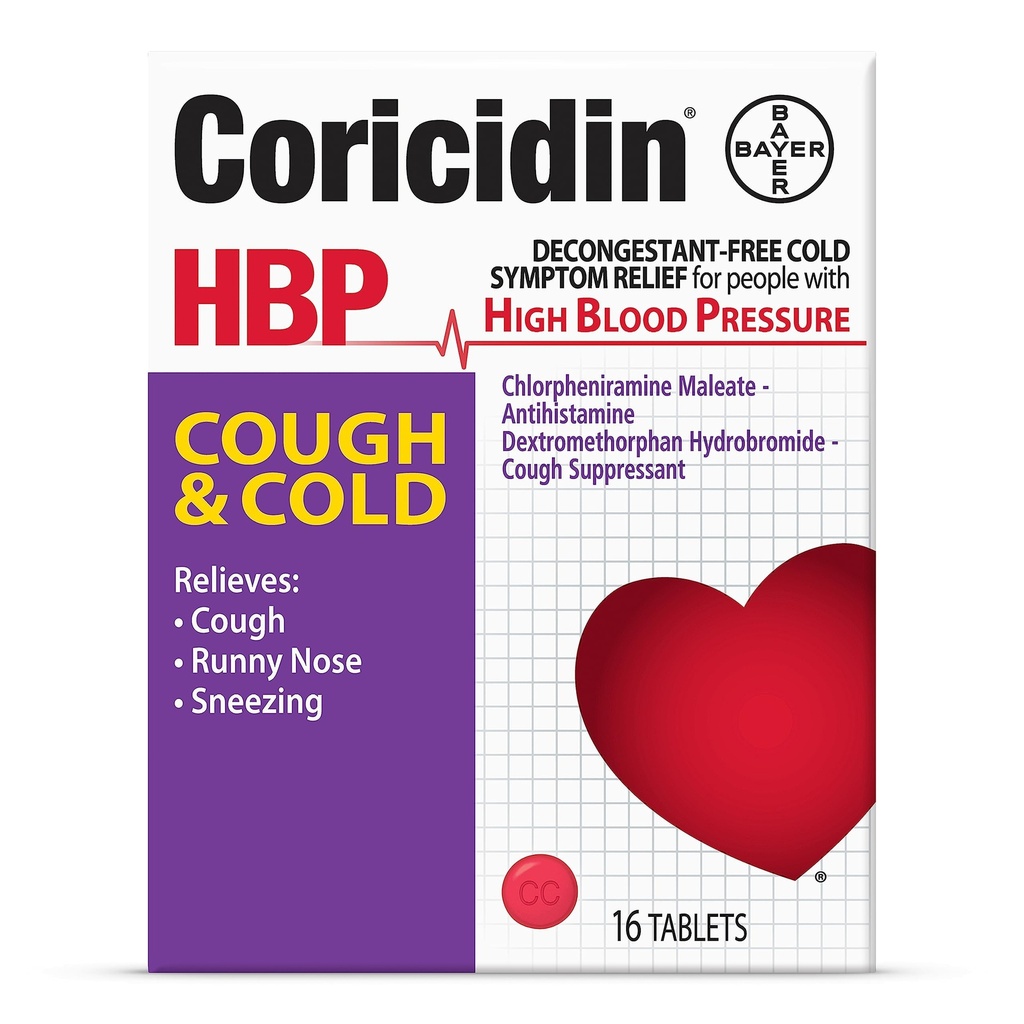 Coricidin HBP Médecine de la toux et du froid sans décantation - Soulagement spécialement conçu pour la haute pression artérielle, la toux, le nez runny, les éternuements et les symptômes du froid (16 comte)