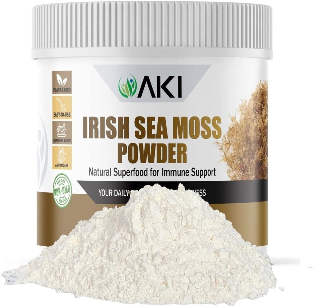 Polvere di Moss del Mare Irlandese AKI - Ricco di 92 minerali essenziali & vitamine, Compreso Iodio, Potassio & Magnesio - Ideale per Smoothies & Succhi - 100% Vegan, Non-GMO & Supports Wellness (6Oz/170g)