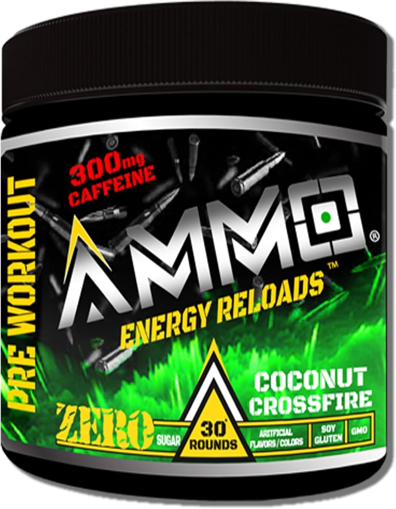 AMMO ® Energy ReloadsTM Pre Workout Powder - 300mg Caffeina Zero Sugar Vital Aminos ed Elettroliti senza aromi artificiali o colori (Coconut Crossfire)