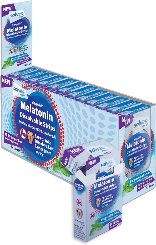 Solves Sleep Aid - 3mg Melatonin Dissolve Strips, Soluzione rapida, profonda e riposante sonno, Peppermint Flavor, Adulti, Sugar-Free/Drug-Free/Travel-Friendly (120 Pack)