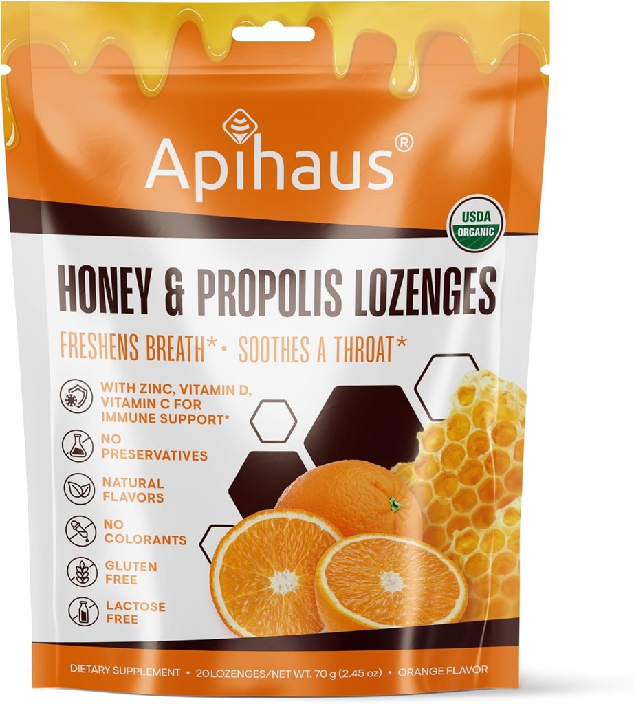 Honig und Propolis Lozenges Orange Flavor, frischt Breath - Beruhigt eine Throat-Immun-Unterstützung mit Vitamin C, Vitamin D und Zink, 20 Count