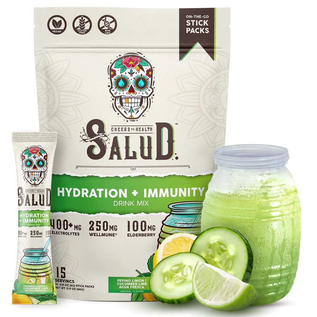 Salud 2-en-1 Packs d'hydratation + Immunity Electrolytes Poudre, Lime de concombre - Agua Fresca Mélange de boissons, Elderberry, Lait et Sans soja, Non-OGM, Sans gluten, Vegan, Basse-Calorie, 1g de sucre (15 portions)