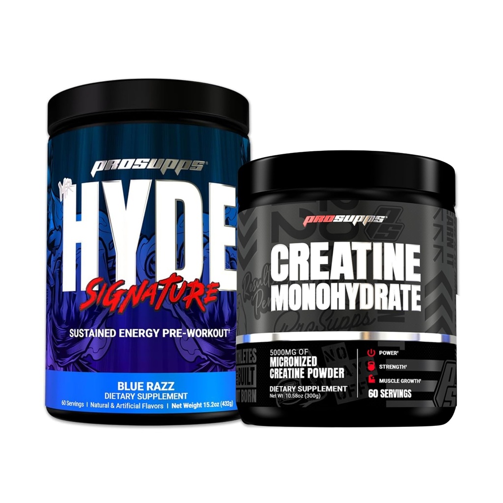 PROSUPPS Hyde Signature Énergie durable Pré-entraînement, Blue Razz - 60 Servings, et Creatine 300 Bundle