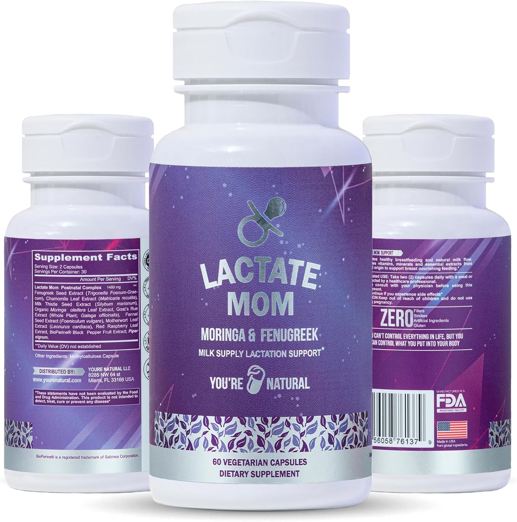 Tu sei NATURAL Lattato mamma supporto post-partum Vitamine di allattamento per mamma e bambino, Moringa organico, cardo del latte, fieno greco, Goat Rue e camomilla 60 capsule vegetariane