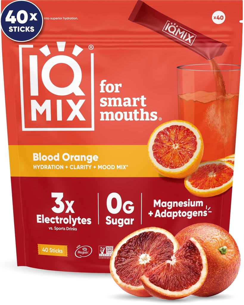 Poudre d'électrolyte d'hydratation IQMIX – formule 4-en-1 pour l'hydratation, la clarté mentale, l'humeur et la récupération – mélange de boisson sans sucre, kéto, thréonate de magnésium L, crible de lion – 40 orangé de sang