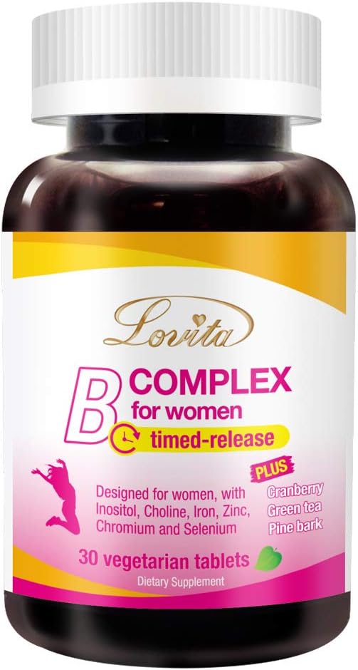 Lovita B Complex Supplement für Damen - High Potency Timed Release mit Eisen, Vitamin C, Cranberry, Pine Bark, Grüner Tee, 30 vegetarische Tabletten