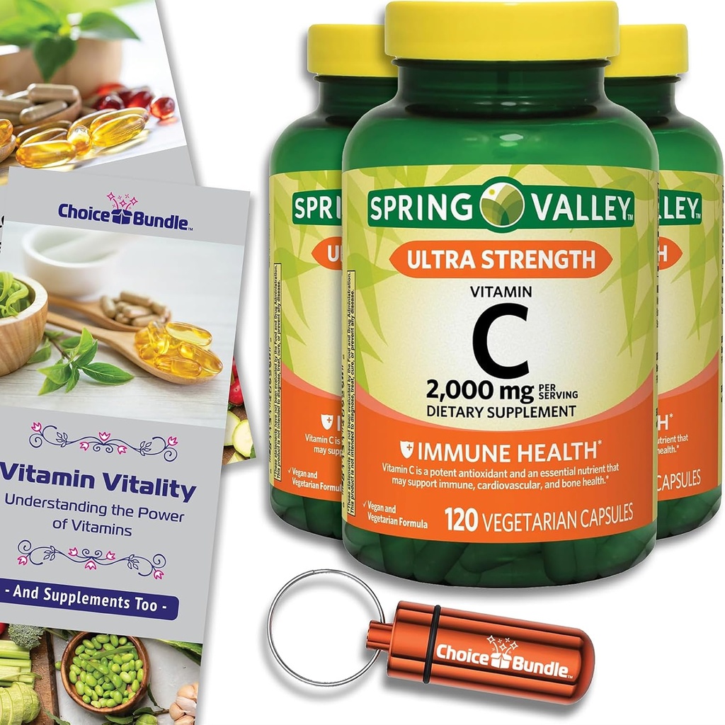 Scelta Bundle Spring Valley Ultra Strength Vitamin C Capsule Integratore alimentare 2000 mg 120 Ct 3 pk (360 Totale) + Guida Vitamina & Pill Container (5 voci)!